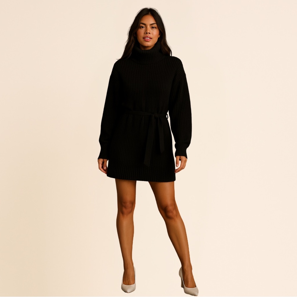 Crescent Black Tied Wist Mini Sweater Dress - Picture 2 of 6